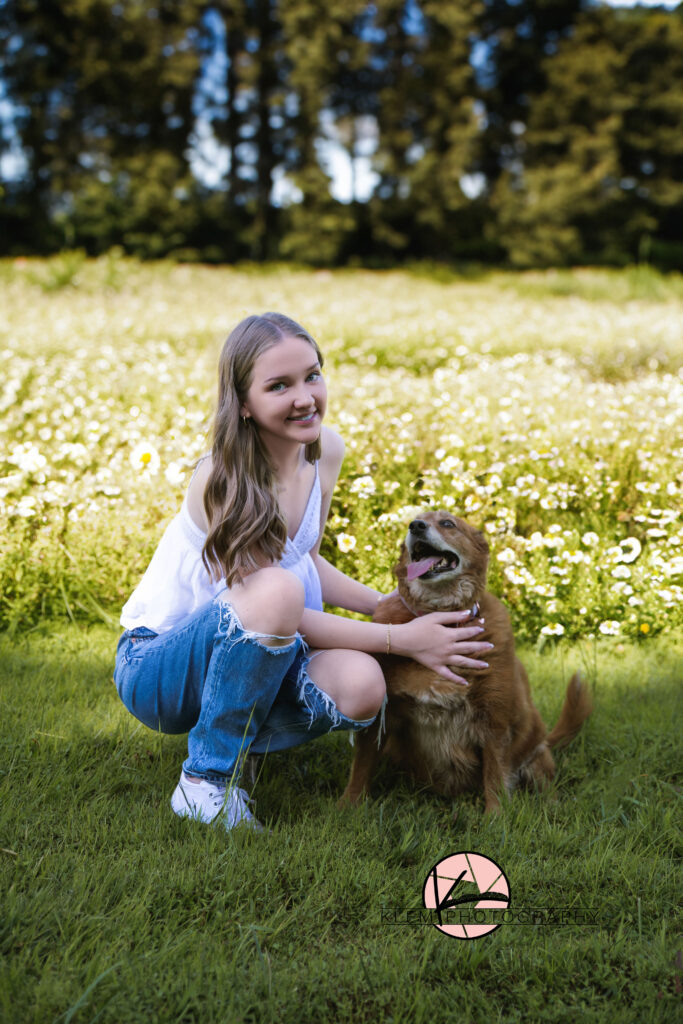 Henderson KY senior pics with klem photography and senior girl with dog in flower field